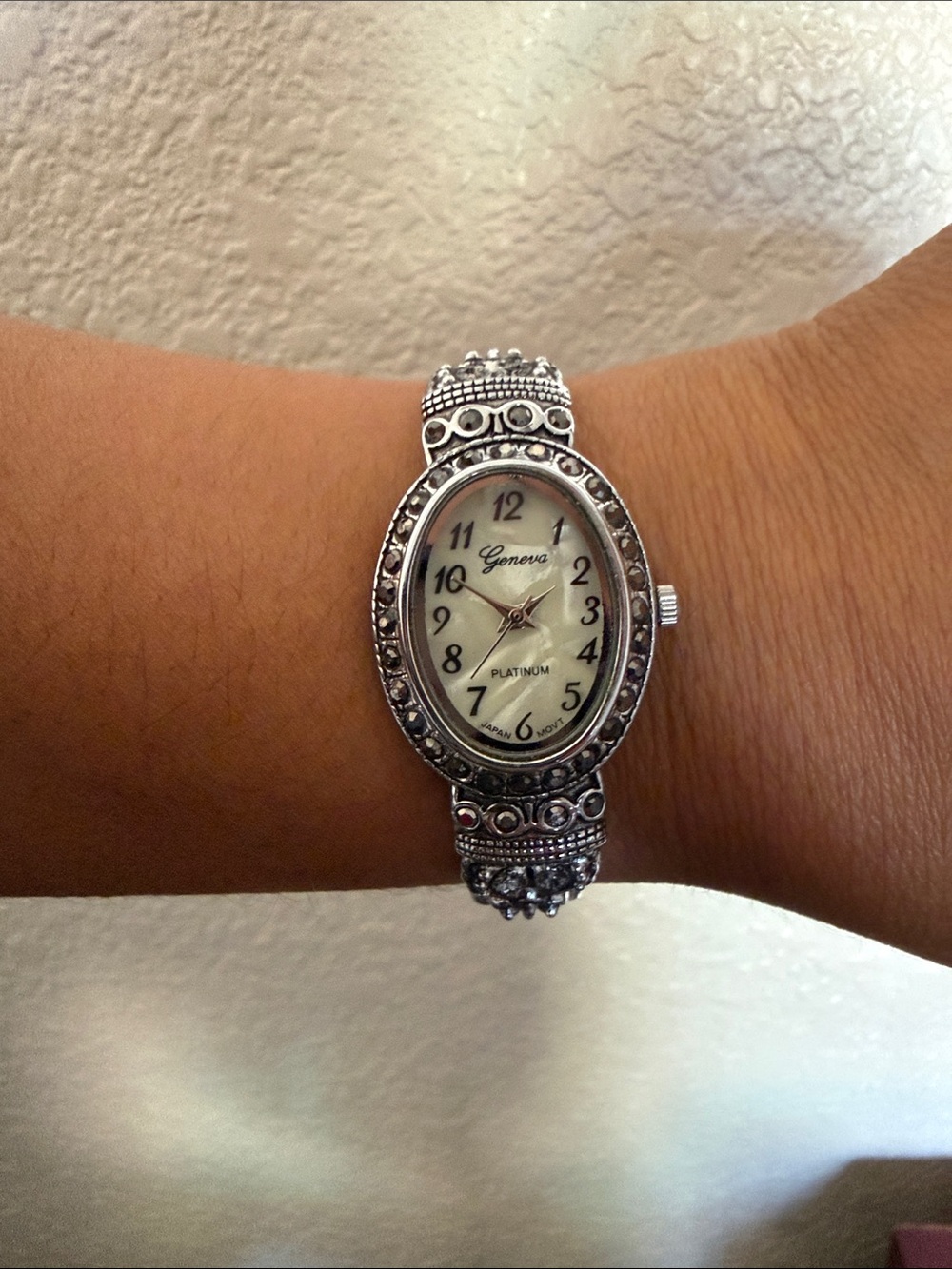Geneva Silver-Tone Ornate Oval Bracelet Watch with White Dial - Picture 6 of 8